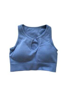 COQQ Blue Ribbed Seamless Wireless Notched Neck Medium Support Sport Bra
